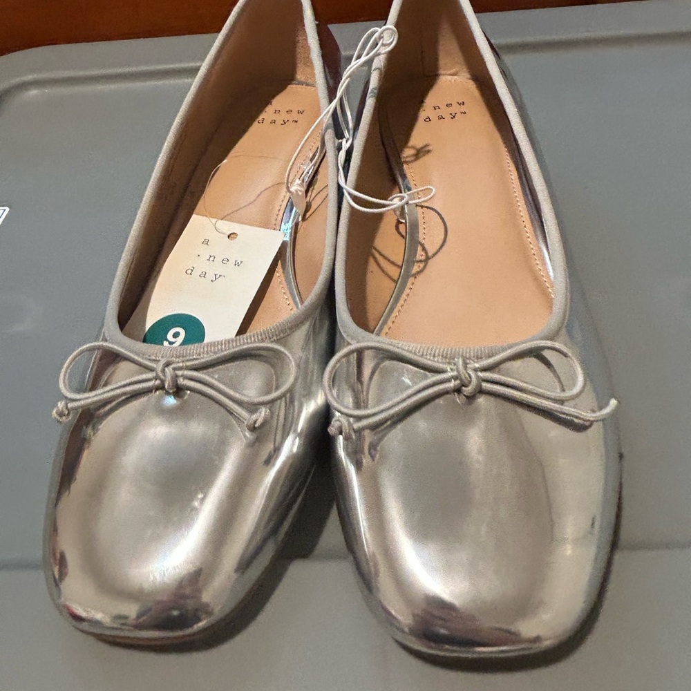 A New Day Women’s Silver Ballet Flats with Block Heel